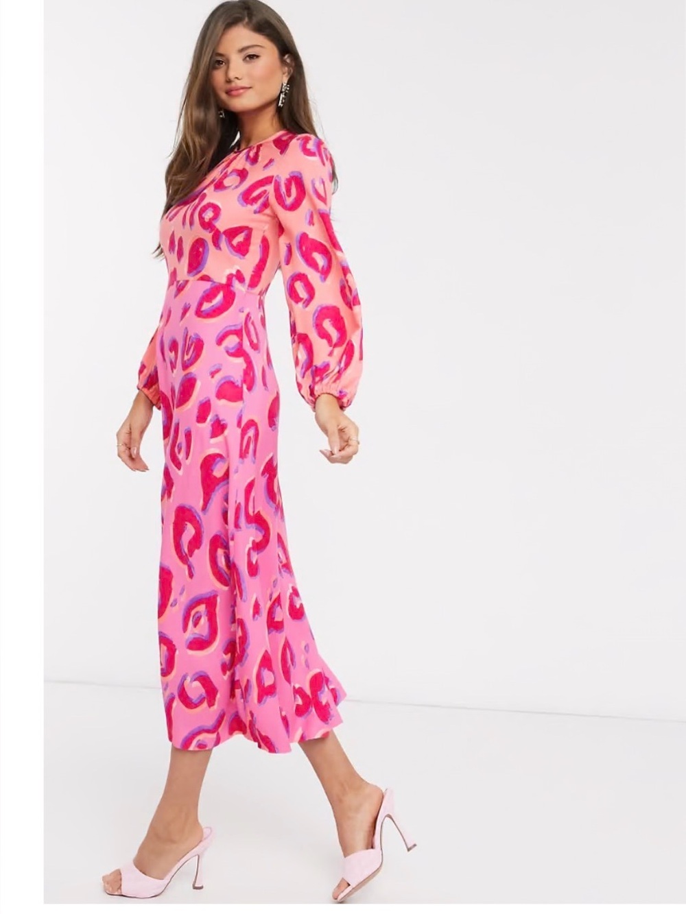 ASOS Pink and Hot Pink Printed Midi Dress